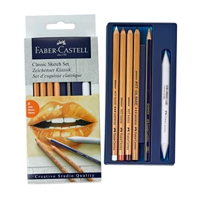 Imagen de Faber Castell 114004 Set para diseño Creative Studio con 1 lápiz Goldfaber (2B), 3 lápices pastel PITT (blanco medio, sanguina, marrón nogal), graso (negro medio), difumino