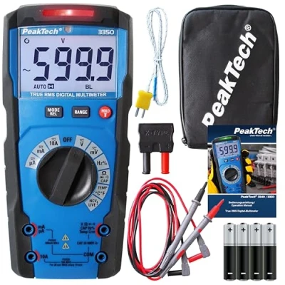 Imagen de PeakTech P 3350 Multímetro digital TRMS 6.000 cuentas, comprobador de corriente y tensión AC/DC, resistencia, capacitancia continuidad, 600V/10A, Negro
