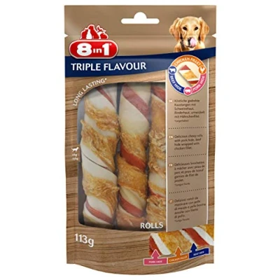 Imagen de 8 en 1 Triple Flavor Rolls Rodillos masticables para perros adultos más carne, tiempo de masticación Limita el sarro Sin OGM, conservante artificial