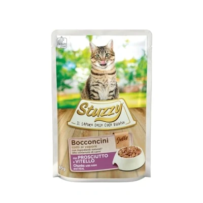 Imagen de Stuzzy, Comida húmeda para Gatos Adultos jamón Ternera, en bocaditos, (24 Sobres de 85 g)