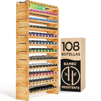 Imagen de Nutrichef botellero Vino Madera, Wine Rack, Vinera, Apilable, para 108 Botellas, 12 Niveles, Bambu, Vertical, Modular, Cocina y Bodega