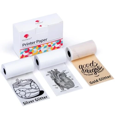 Imagen de Phomemo Papel M02/M02Pro/M02S/M03/M03AS/M04S/M04AS Mini Pegatinas Impresora Papel, Blanco/Plata Brillante/Golden Glitter Pocket Thermal Pinter adhesivo Pin, 3 rollos