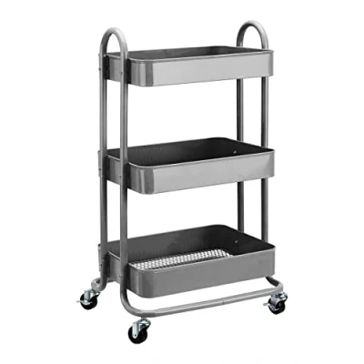 Imagen de Amazon Basics Carrito de cocina o multiuso 3 estantes con ruedas, Gris Oscuro