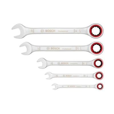 Imagen de Bosch Professional Juego de Llaves Carraca, 5 Piezas, Medidas Estándar 8 mm a 19 mm, Acero al Cromo Vanadio, en Bolsa Lona Plegable