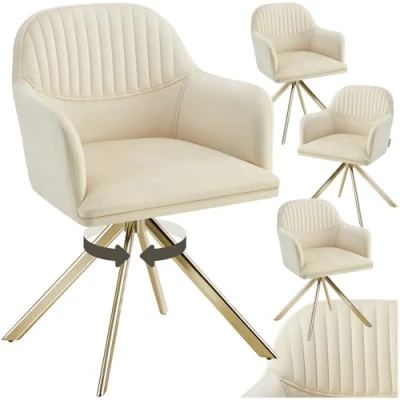 Imagen de TecTake® Silla Giratoria Tapizada con Respaldo Continuo, Patas de Acero Giratorias 360º, Dormitorio, Butacas Salon, Sillas Comedor, Comedor Nordica 4 Crema/Oro