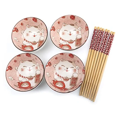 Imagen de lachineuse Juego de 4 cuencos Maneki Neko Tazones arroz, desayuno y sopa Vajilla japonesa porcelana Con palillos Gato la suerte Regalo japonés Kawaii Japón Blanco &amp; Rojo