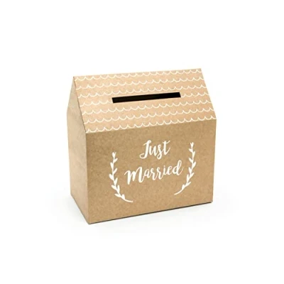 Imagen de Caja de regalo Just Married, papel estraza 30,5 cm x 1 unidad, para bodas, color marrón, blanco, natural, decoración boda