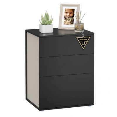 Imagen de VASAGLE Montaje Ultrarrápido sin Herramientas Toolless, Mesita de Noche, con 3 Cajones, Moderna, Minimalista, Dormitorio, Sala Estar, Negro Tinta y Beige Capuchino LET778B01