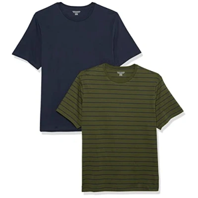 Imagen de Amazon Essentials Camiseta de Manga Corta, Cuello Redondo y Corte Ajustado Hombre, Pack 2, Azul Marino/Verde Oliva Rayas, L