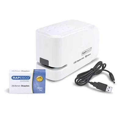 Imagen de Rapesco 1453 626EL Grapadora Automática USB/Batería con 1000 Grapas 26/6mm, Capacidad para 15 Hojas, Blanco
