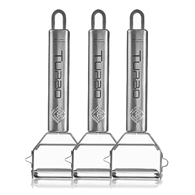 Imagen de TURBO PRODUKTE 3 peladores de acero inoxidable para frutas y verduras hacia adelante atrás con hoja colgante zurdos diestros función en 1