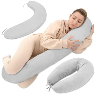 Imagen de Almohada de lactancia XXL muselina para dormir lado embarazo posicionamiento algodón adultos con funda 190 cm Gris B