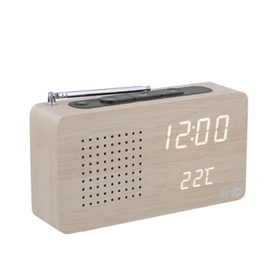 Imagen de T&#039;NB radio despertador multifunción de madera con LED, reloj digital pantalla hora, 1 alarma programable, iluminación ajustable, estaciones FM acabado