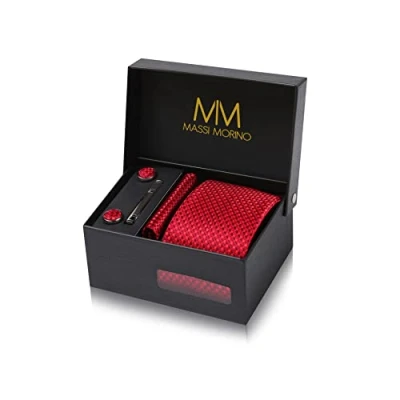 Imagen de Massi Morino Corbatas de hombre Rojo a Cuadros y pañuelos con gemelos, clip corbata set Encarnado Accesorio traje modernas para boda
