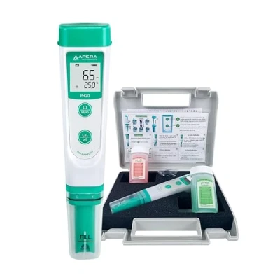 Imagen de medidor de pH PH20 Apera Instruments, bolsillo (precisión ± 0,1 pH, rango medición 0 14, resistente al agua, indicador temperatura) Juego con soluciones calibración