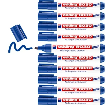 Imagen de edding 8030 marcador NLS high tech azul 10 rotuladores punta redondeada de 1,5 3 mm antioxidante para el marcado baja corrosión uso en acero, metal, hierro, aluminio