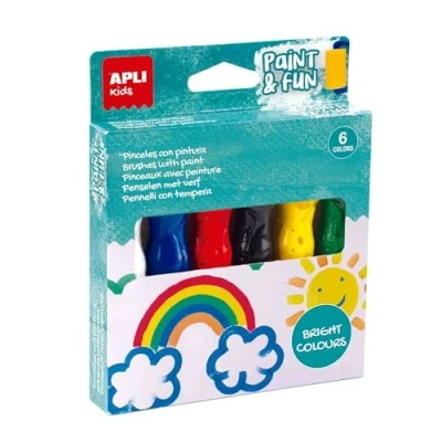 Imagen de APLI Kids 19415 Temperas en tubo con pincel, pintura infantil de colores brillantes, 6 pinceles 14ml,juego lavable para niños
