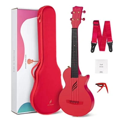 Imagen de Ukelele concierto Enya Nova U de 23 pulgadas viaje fibra carbono con kit para principiantes que incluye lecciones, estuche, correa, cejilla y cuerdas (rojo)