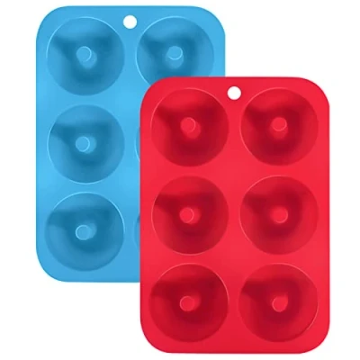 Imagen de SHARON COOPER Moldes de silicona para hacer donuts, 6 cavidades antiadherentes, silicona, bandeja hornear rosquillas, magdalenas, bagels, pasteles, color azul, rojo, paquete 2 unidades