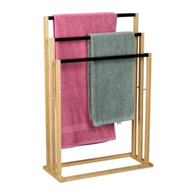 Imagen de Relaxdays Toallero de Pie con 3 Barras Escalonadas, Colgador Toallas Hecho Bambú, 82 x 55 24 cm, Natural y Negro
