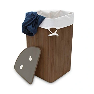 Imagen de Relaxdays Cesto Ropa Sucia Esquinero, Cubo Colada Plegable con Tapa, Canasta, Bambú, 60 L, 65 x 49,5 37 cm, Marrón, Algodón