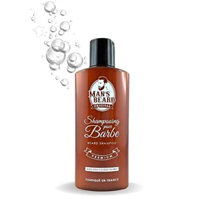 Imagen de El champú premium de barba Man&#039;s Beard (fabricación francesa) con aloe vera y extracto fruta, suaviza protege la barba. pote es 150 ml.