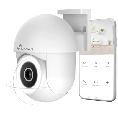 Imagen de NIVIAN Cámara PTZ WiFi Mini 2K, 2,4Ghz Visión Nocturna 10m Detección de Movimiento y Autotracking Exterior IP65 Compatible con Alexa Google Home Control por App Tuya