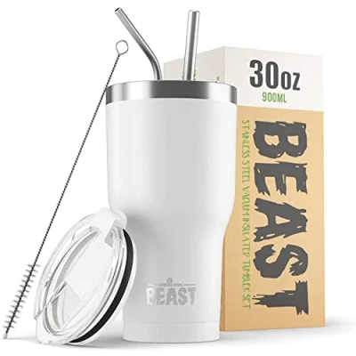 Imagen de Greens Steel BEAST Termo Café para Llevar 900ml I Blanco Ártico Taza Térmica de Acero Inoxidable Reusable Viajera Doble Pared al Vacío 2 Pajitas y Cepillo Limpieza