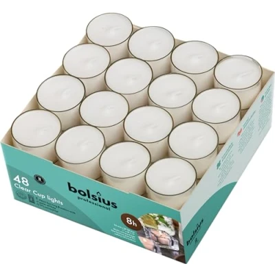 Imagen de Bolsius Juego de 48 velas té Sin perfume, en vasos transparentes Larga combustión 8 horas, para cualquier estado ánimo, cenas, fiestas, hogar, decoración, boda, manualidades.
