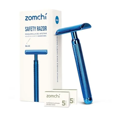 Imagen de ZOMCHI Maquinilla de afeitar metal Afeitadora Manual para mujer y Hombre clasica con 10 cuchillas Se adapta a todas las maquinillas doble filo Azul