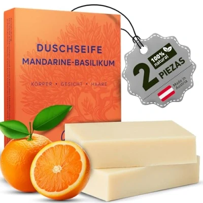 Imagen de larum sports jabón natural cuerpo y cabello mandarina basilio, jabon pastilla cuerpo, ducha, solido gel de ducha con ingredientes 100% naturales, 2x 85g