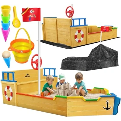 Imagen de KIDIZ® arenero niños Ahoi, Barco Pirata, de Vela Madera, Incluye Cubierta, Cubierta Suelo, Banco, asta Bandera, Colorido