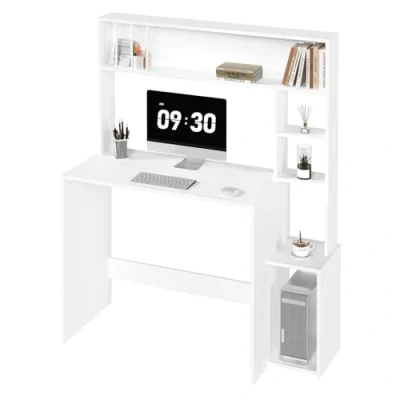 Imagen de eSituro Escritorio con Estanteria, Mesa para Ordenador 5 Estantes, Oficina, Infantil, de Oficna Estudio y Dormitorio, Blanco, 113,5x45x139 cm