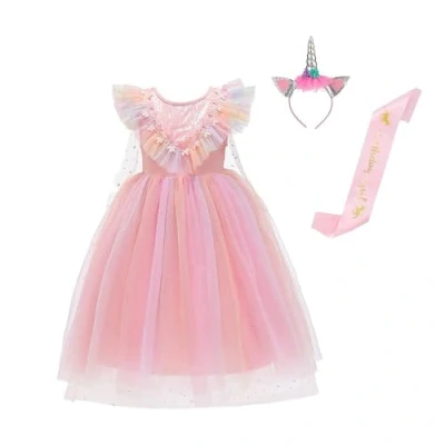 Imagen de Lito Angels Disfraz Vestido de Cumpleaños Princesa Unicornio con Capa y Aro Pelo para Niñas Pequeñas Talla 6 7 años, Rosa (Número etiqueta 140)
