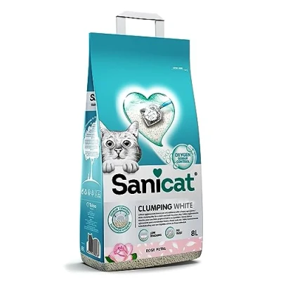 Imagen de Sanicat Arena para Gatos aglomerante Blanca Aroma a petalos de Rosa Hecha minerales Naturales y Garantiza el Control Olor 8 L Capacidad