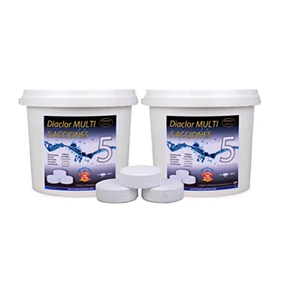Imagen de Pack 2 UDS Cloro para Piscinas DIACLOR Multi 5 ACCIONES 10 KG (2x5 kg) 50 Pastillas de Lento (200 gr 7,5 cm Diámetro) Tratamiento Completo Efectos SIN Cobre