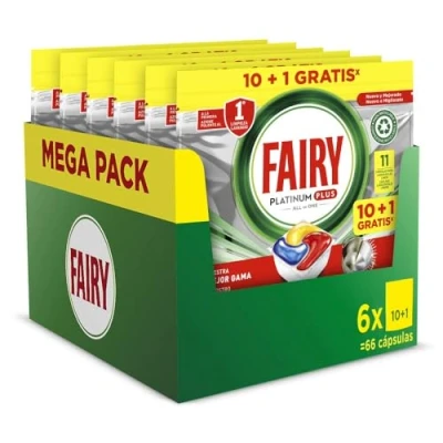 Imagen de Fairy Platinum Plus Todo en Uno Pastillas Lavavajillas, 66 Capsulas Lavavajillas (6 x 11), Limpieza Profunda y Extra Brillo, Fragancia Limon