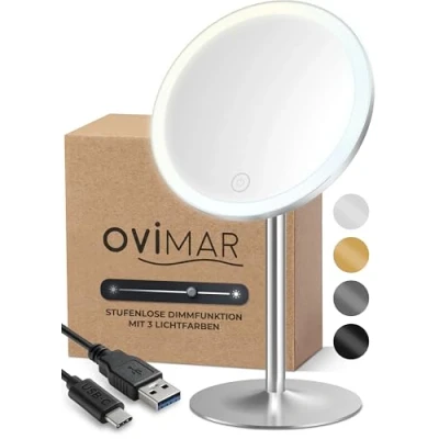 Imagen de ovimar espejo cosmético Bogo plata con iluminación recargable independiente en el baño de 5 aumentos maquillaje luz 360 grados