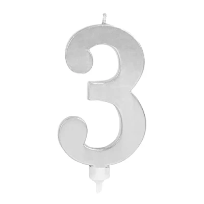 Imagen de 1 Unidad Vela grande de Cumpleaños (numero 3) Color Plata con Efecto Metalizado 11 cm y soporte 4 Decoración para tartas, Cumpleaños, Aniversario Bodas, Fiesta Graduación.