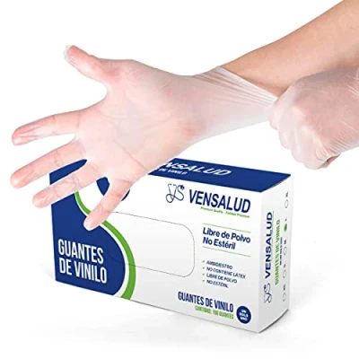 Imagen de VENSALUD Guantes de VINILO Desechables Sin Polvo Resistentes Para Laboratorios, Sanitarios, Cocina, Estudios tatuaje, Veterinaria, Limpieza Látex 100 uds. Semi Blanco Talla L