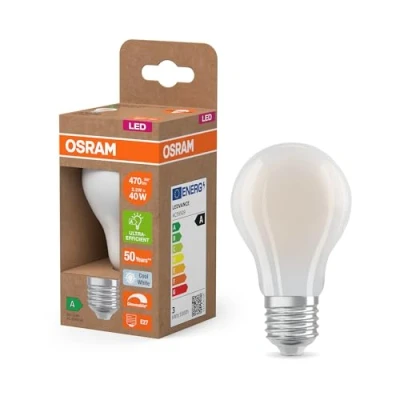 Imagen de OSRAM Energy Class con forma de bombilla clásica, 2,2 W / 470 lm, EEK A, luz blanca fría (4000 K), CRI 80, fabricada en vidrio transparente sin plomo, E27, IP20, 60 mm DM, tenue, paquete 6 unidades