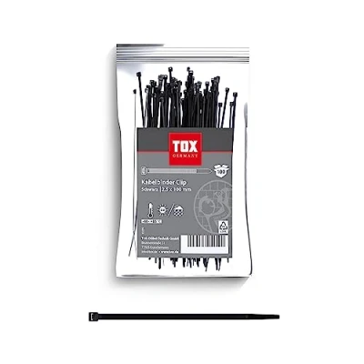 Imagen de TOX Brida sujetacables, negra, resistente a los rayos UV, de uso universal en interiores y exteriores, para una fijación segura el hogar jardín, tamaño 2,5 x 100 mm, unidades, 099600020