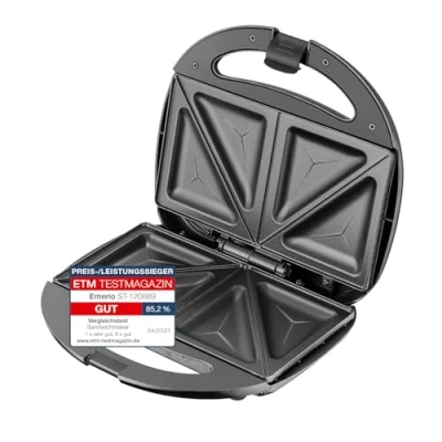 Imagen de Emerio Sandwichera doble, sin BPA, forma clásica para sándwiches triangulares, fácil de limpiar, antiadherente, se calienta rápidamente, 750 vatios