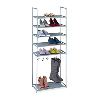 Imagen de Relaxdays Zapatero Botas 6 Baldas, Sistema de Encajado, 12 Pares Zapatos, 4 Ganchos, Metal y Tela, Color Gris, Tejida, 154 x 60 30 cm