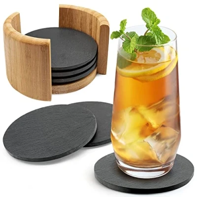 Imagen de Sidorenko Posavasos redondo de pizarra para vasos Ø 10 cm set 6 incl. caja diseño en gris oscuro bebidas, copas, bar, vaso mesa premium