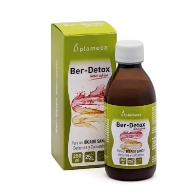 Imagen de PLAMECA Ber Detox, Función Normal del Hígado, Detox con Colina, Alcachofera, Cardo Mariano, L Metionina, Inositol, Curcumina y Berberina, Jarabe, Bebida, Sabor a Fresa 250 ml