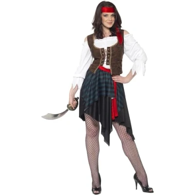 Imagen de Smiffys Disfraz de mujer pirata, marrón, camisa con chaleco unido, falda, cinturón y banda para el pelo