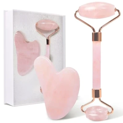 Imagen de GUGUG Gua Sha Cuarzo Rosa, Rodillo Facial Antiarrugas para Tonificar y Reafirmar la Piel Herramienta de Masaje el Rostro