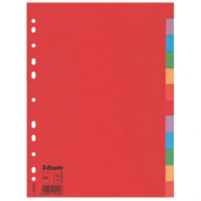 Imagen de Esselte 100201 12 Separadores de Tamaño A4, Archivador Rojo/Multicolor, 6 Colores, Cartón 160 gr, Multitaladro