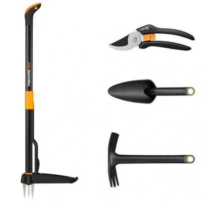 Imagen de Fiskars Juego de Herramientas Jardín, 4 Piezas, Desbrozadora Xact, Longitud: 1 m, Azada Solid, 28 cm, Plantadora Tijeras Podar Bypass Solid P121, 1077309